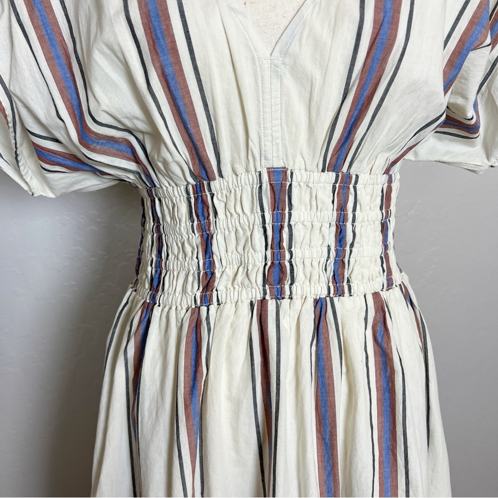 LOFT Beach Women’s Size S Ivory Blue Striped Smocked V-Neck Midi Dress Pockets - Picture 6 of 15